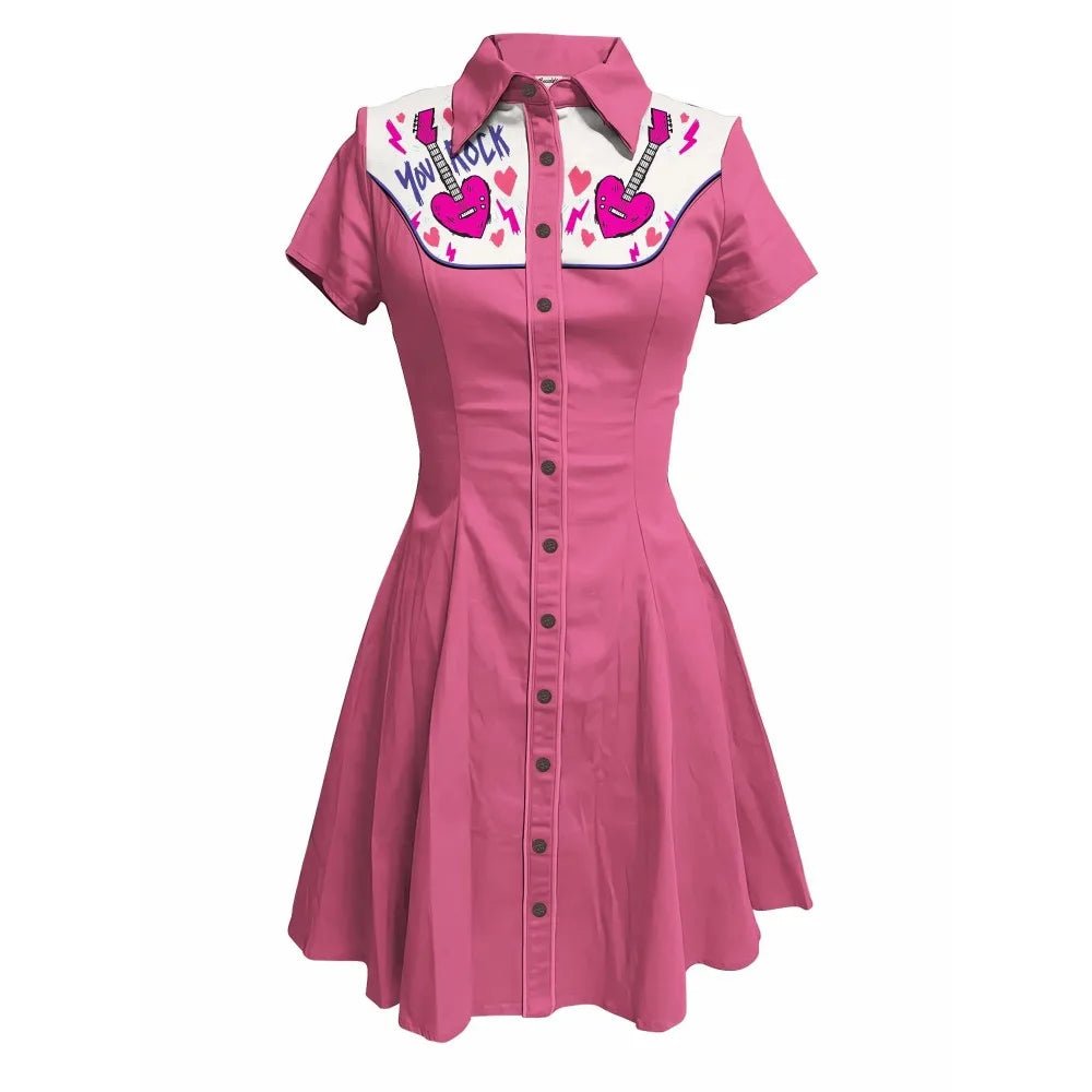 Music Love Guitar Rock Printed Western Cowgirl Dress Women Button - down Dress Short Sleeves 100% Cotton - American Thistle Music Love Guitar Rock Printed Western Cowgirl Dress Women Button - down Dress Short Sleeves 100% Cotton
