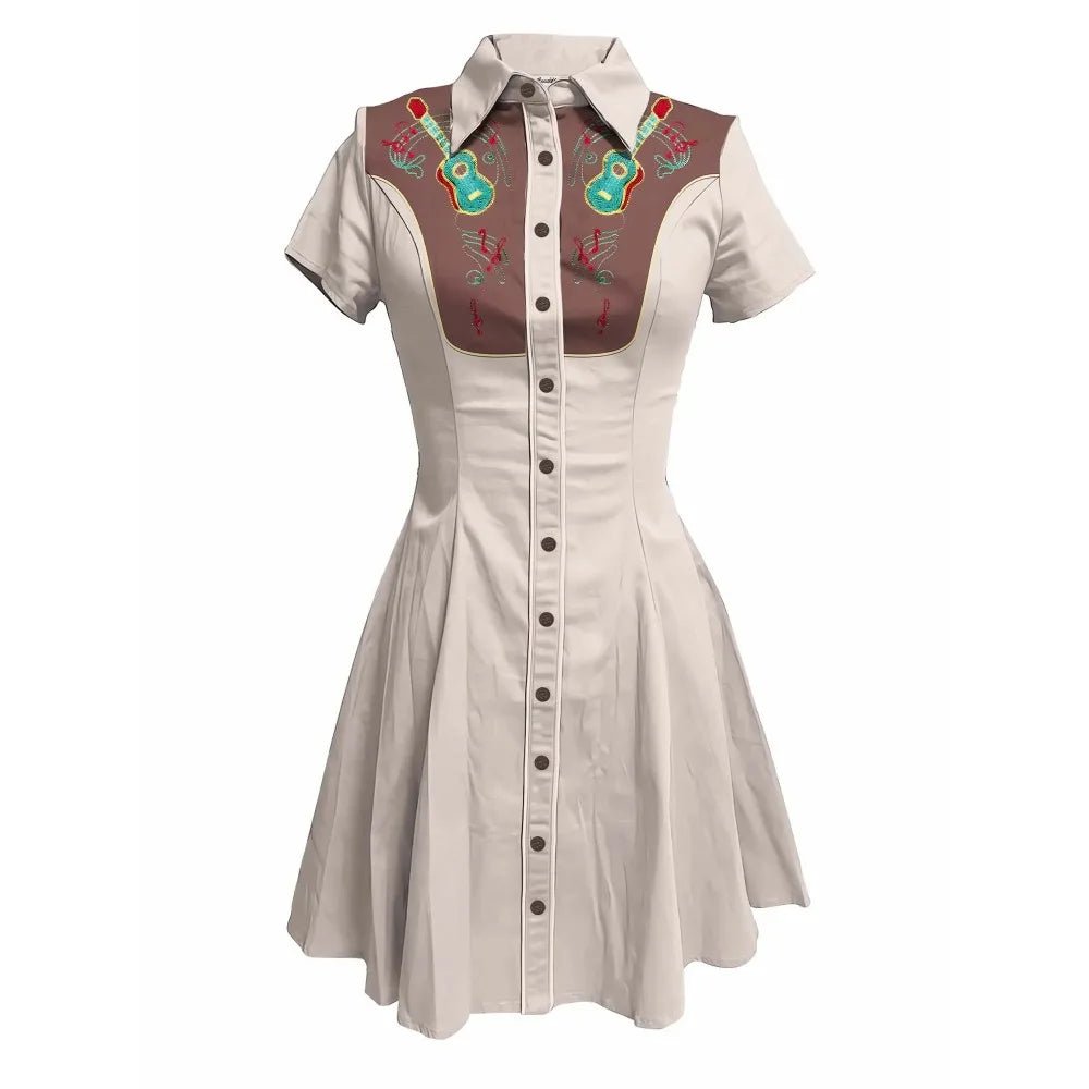 Music Love Guitar Rock Printed Western Cowgirl Dress Women Button - down Dress Short Sleeves 100% Cotton - American Thistle Music Love Guitar Rock Printed Western Cowgirl Dress Women Button - down Dress Short Sleeves 100% Cotton