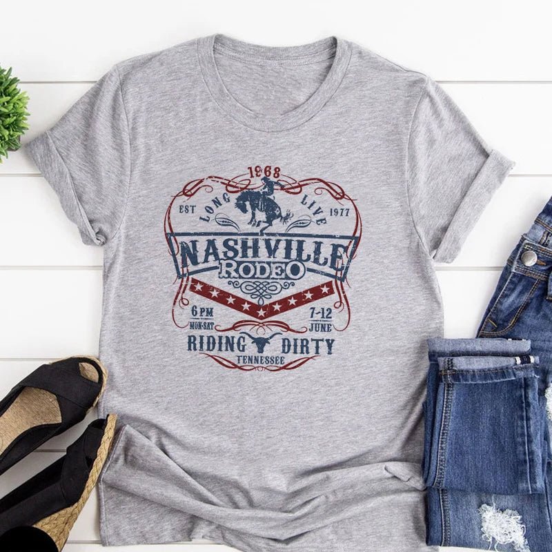 Nashville Rodeo Western Graphic Tee Shirt Women's Vintage Cowgirl Tennessee Country Music T-Shirt - American Thistle Nashville Rodeo Western Graphic Tee Shirt Women's Vintage Cowgirl Tennessee Country Music T-Shirt