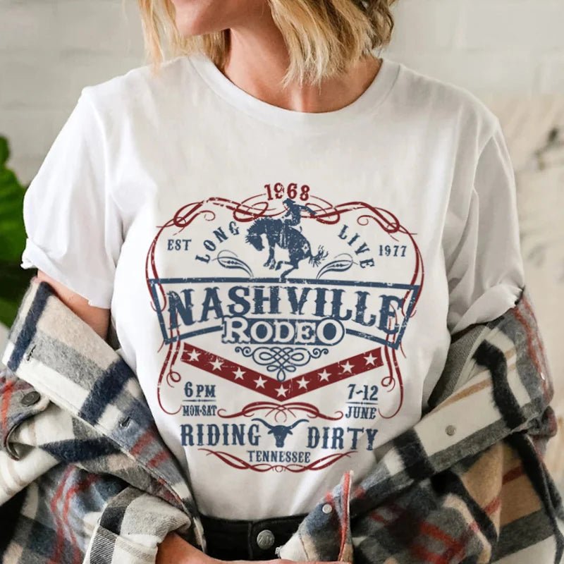 Nashville Rodeo Western Graphic Tee Shirt Women's Vintage Cowgirl Tennessee Country Music T-Shirt - American Thistle Nashville Rodeo Western Graphic Tee Shirt Women's Vintage Cowgirl Tennessee Country Music T-Shirt