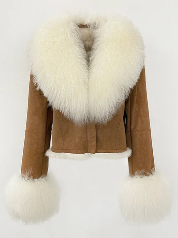 Natural Mongolia Real Sheep /Rabbit Faux Fur Coat Female Autumn Winter Suede Jacket Women Fashion Short Warm - American Thistle Natural Mongolia Real Sheep /Rabbit Faux Fur Coat Female Autumn Winter Suede Jacket Women Fashion Short Warm
