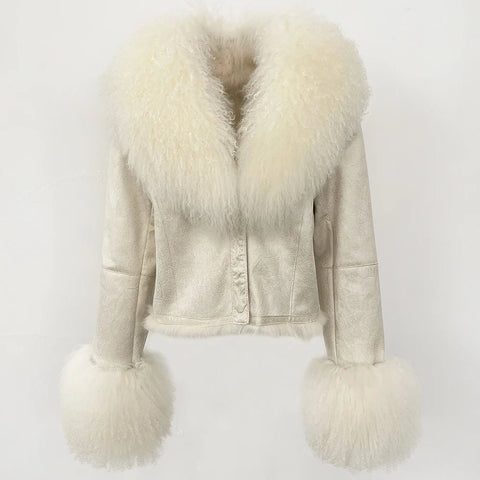 Natural Mongolia Real Sheep /Rabbit Faux Fur Coat Female Autumn Winter Suede Jacket Women Fashion Short Warm - American Thistle Natural Mongolia Real Sheep /Rabbit Faux Fur Coat Female Autumn Winter Suede Jacket Women Fashion Short Warm