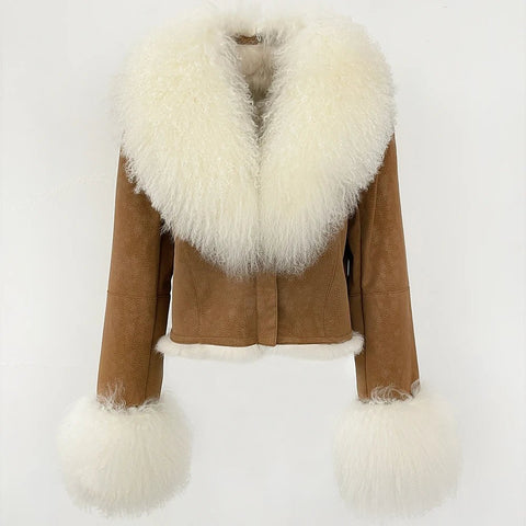 Natural Mongolia Real Sheep /Rabbit Faux Fur Coat Female Autumn Winter Suede Jacket Women Fashion Short Warm - American Thistle Natural Mongolia Real Sheep /Rabbit Faux Fur Coat Female Autumn Winter Suede Jacket Women Fashion Short Warm