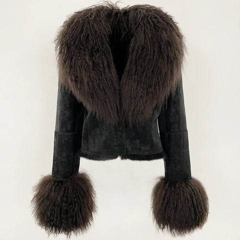 Natural Mongolia Real Sheep /Rabbit Faux Fur Coat Female Autumn Winter Suede Jacket Women Fashion Short Warm - American Thistle Natural Mongolia Real Sheep /Rabbit Faux Fur Coat Female Autumn Winter Suede Jacket Women Fashion Short Warm