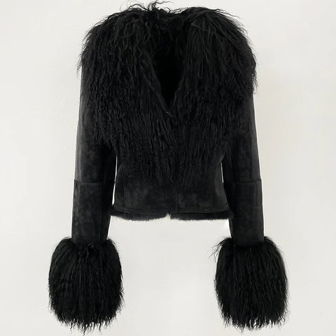 Natural Mongolia Real Sheep /Rabbit Faux Fur Coat Female Autumn Winter Suede Jacket Women Fashion Short Warm - American Thistle Natural Mongolia Real Sheep /Rabbit Faux Fur Coat Female Autumn Winter Suede Jacket Women Fashion Short Warm