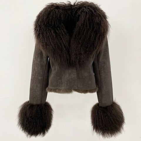 Natural Mongolia Real Sheep /Rabbit Faux Fur Coat Female Autumn Winter Suede Jacket Women Fashion Short Warm - American Thistle Natural Mongolia Real Sheep /Rabbit Faux Fur Coat Female Autumn Winter Suede Jacket Women Fashion Short Warm
