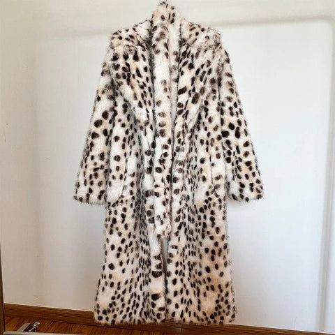 Neo Mint Luxury Maxi Long White Leopard Belted Faux Fur Winter Coat Women Winter Overcoat - American Thistle Neo Mint Luxury Maxi Long White Leopard Belted Faux Fur Winter Coat Women Winter Overcoat