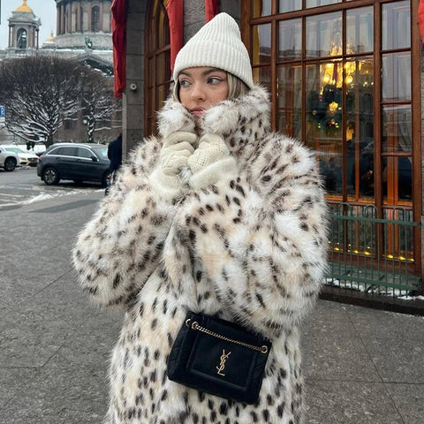 Neo Mint Luxury Maxi Long White Leopard Belted Faux Fur Winter Coat Women Winter Overcoat - American Thistle Neo Mint Luxury Maxi Long White Leopard Belted Faux Fur Winter Coat Women Winter Overcoat