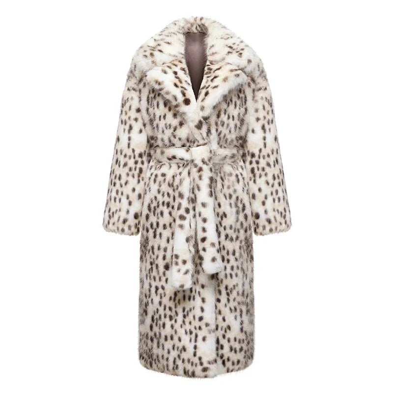 Neo Mint Luxury Maxi Long White Leopard Belted Faux Fur Winter Coat Women Winter Overcoat - American Thistle Neo Mint Luxury Maxi Long White Leopard Belted Faux Fur Winter Coat Women Winter Overcoat