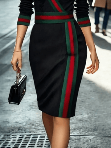 New Contrast Color Striped V - neck Long Sleeves High Waist Evening Dress - American Thistle New Contrast Color Striped V - neck Long Sleeves High Waist Evening Dress