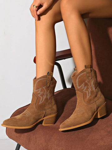 New Embroidered Pointed Toe Shoes Chunky Heel Knight Boots Retro Slip on Western Cowboy Short Boots - American ThistleNew Embroidered Pointed Toe Shoes Chunky Heel Knight Boots Retro Slip on Western Cowboy Short Boots