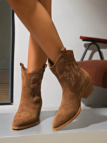 New Embroidered Pointed Toe Shoes Chunky Heel Knight Boots Retro Slip on Western Cowboy Short Boots - American ThistleNew Embroidered Pointed Toe Shoes Chunky Heel Knight Boots Retro Slip on Western Cowboy Short Boots