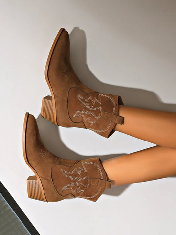 New Embroidered Pointed Toe Shoes Chunky Heel Knight Boots Retro Slip on Western Cowboy Short Boots - American ThistleNew Embroidered Pointed Toe Shoes Chunky Heel Knight Boots Retro Slip on Western Cowboy Short Boots