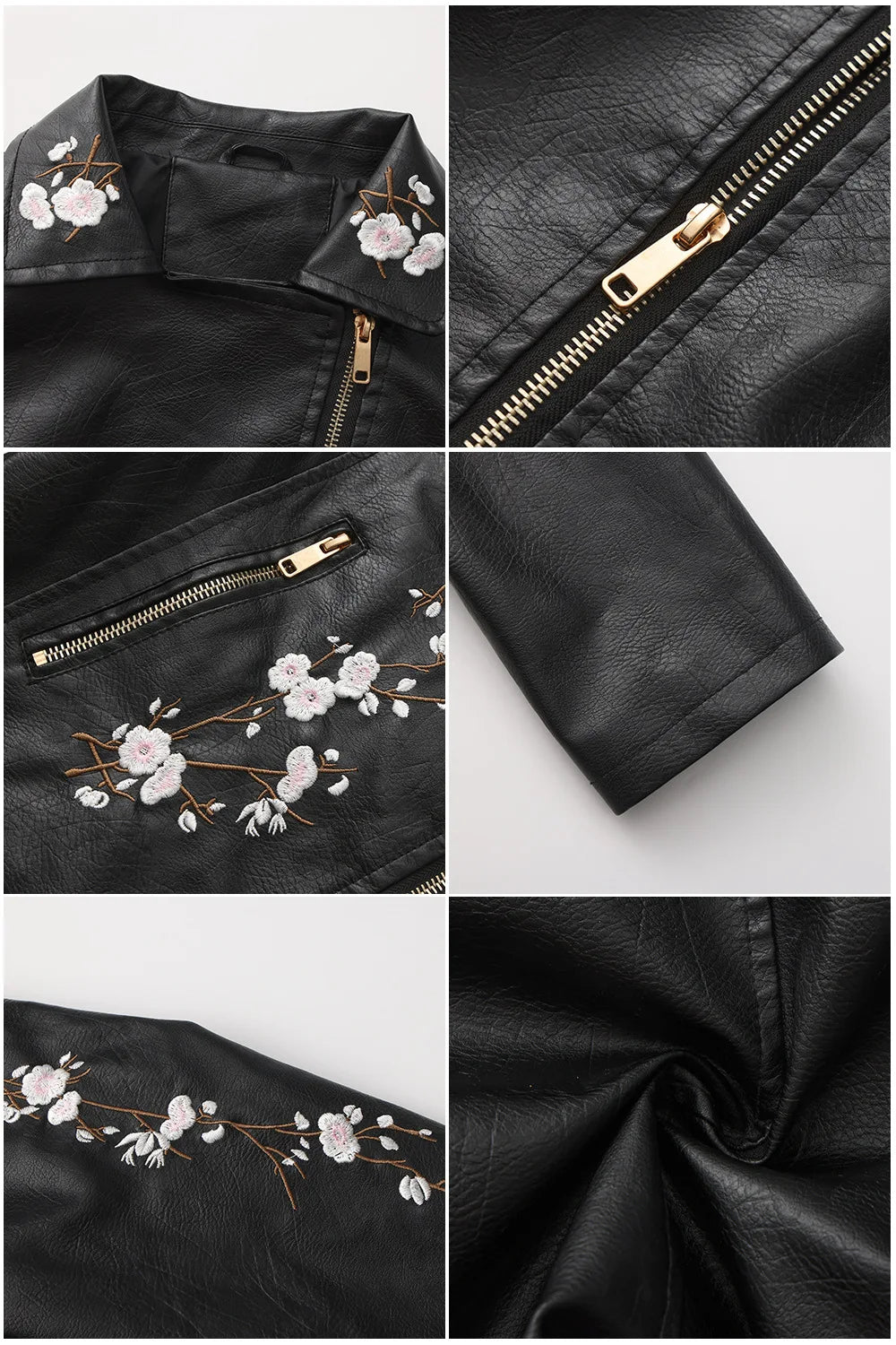 New Fall Women's Black Embroidered PU Jacket, Street - Style Brown Faux Leather Coat, Fashionable in Beige. - American ThistleNew Fall Women's Black Embroidered PU Jacket, Street - Style Brown Faux Leather Coat, Fashionable in Beige.