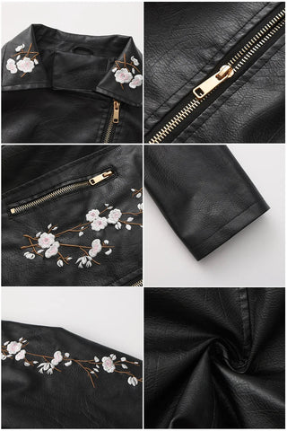 New Fall Women's Black Embroidered PU Jacket, Street - Style Brown Faux Leather Coat, Fashionable in Beige. - American ThistleNew Fall Women's Black Embroidered PU Jacket, Street - Style Brown Faux Leather Coat, Fashionable in Beige.