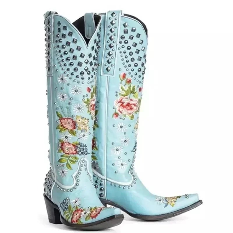 New Flower Embroidered Rivet Western Cowboy Boots Women Pointed Toe Square Heels Vintage Knight Boots Cowgirl Boots Shoes - American ThistleNew Flower Embroidered Rivet Western Cowboy Boots Women Pointed Toe Square Heels Vintage Knight Boots Cowgirl Boots Shoes