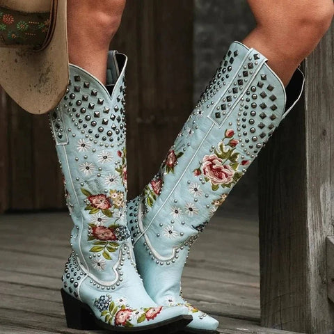 New Flower Embroidered Rivet Western Cowboy Boots Women Pointed Toe Square Heels Vintage Knight Boots Cowgirl Boots Shoes - American ThistleNew Flower Embroidered Rivet Western Cowboy Boots Women Pointed Toe Square Heels Vintage Knight Boots Cowgirl Boots Shoes