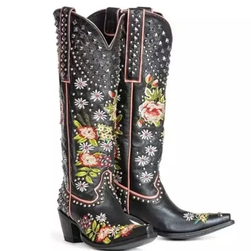 New Flower Embroidered Rivet Western Cowboy Boots Women Pointed Toe Square Heels Vintage Knight Boots Cowgirl Boots Shoes - American ThistleNew Flower Embroidered Rivet Western Cowboy Boots Women Pointed Toe Square Heels Vintage Knight Boots Cowgirl Boots Shoes