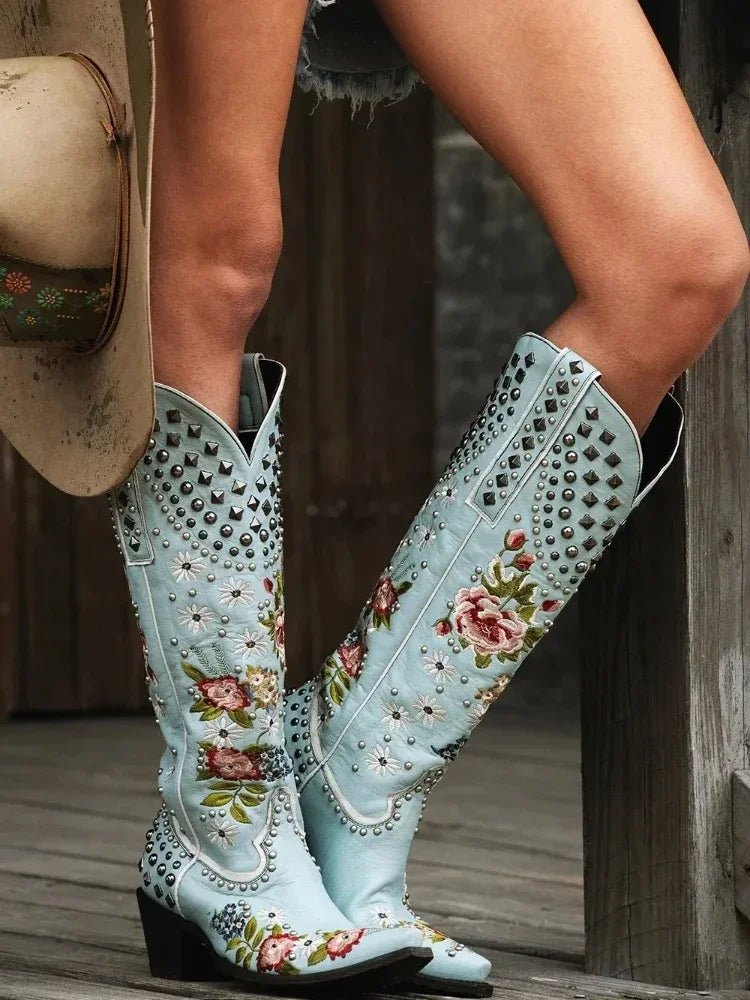 New Flower Embroidered Rivet Western Cowboy Boots Women Pointed Toe Square Heels Vintage Knight Boots Cowgirl Boots Shoes - American ThistleNew Flower Embroidered Rivet Western Cowboy Boots Women Pointed Toe Square Heels Vintage Knight Boots Cowgirl Boots Shoes