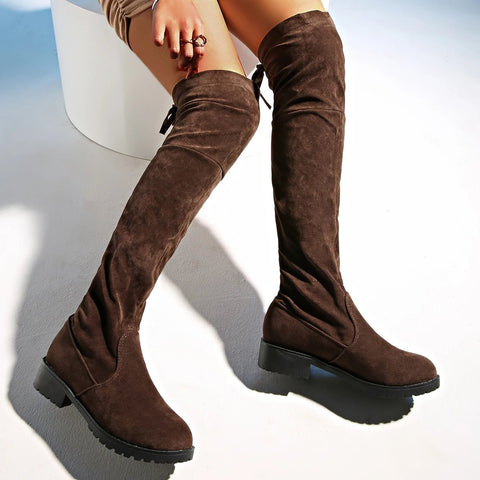 New Women Boots Winter brown Over The Knee Boots Comfort Lace Up Chunky High Heels Shoes Fashion Warm Suede Round Toe Boots - American ThistleNew Women Boots Winter brown Over The Knee Boots Comfort Lace Up Chunky High Heels Shoes Fashion Warm Suede Round Toe Boots