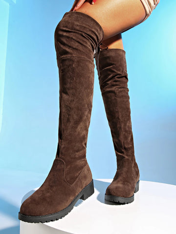 New Women Boots Winter brown Over The Knee Boots Comfort Lace Up Chunky High Heels Shoes Fashion Warm Suede Round Toe Boots - American ThistleNew Women Boots Winter brown Over The Knee Boots Comfort Lace Up Chunky High Heels Shoes Fashion Warm Suede Round Toe Boots