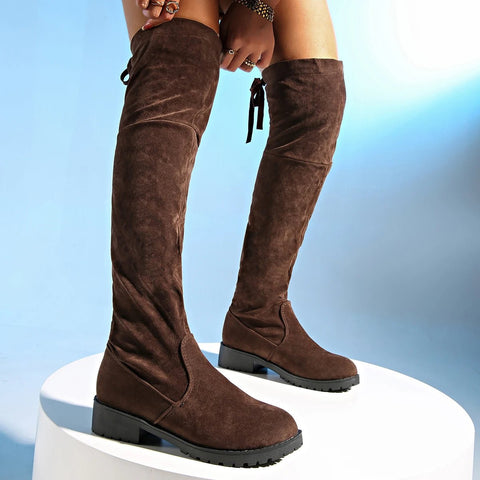 New Women Boots Winter brown Over The Knee Boots Comfort Lace Up Chunky High Heels Shoes Fashion Warm Suede Round Toe Boots - American ThistleNew Women Boots Winter brown Over The Knee Boots Comfort Lace Up Chunky High Heels Shoes Fashion Warm Suede Round Toe Boots