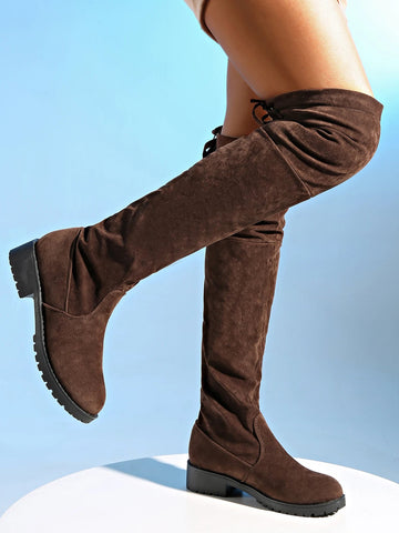 New Women Boots Winter brown Over The Knee Boots Comfort Lace Up Chunky High Heels Shoes Fashion Warm Suede Round Toe Boots - American ThistleNew Women Boots Winter brown Over The Knee Boots Comfort Lace Up Chunky High Heels Shoes Fashion Warm Suede Round Toe Boots