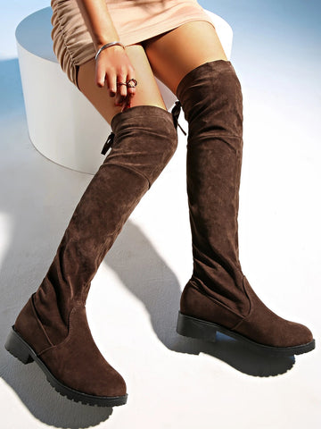 New Women Boots Winter brown Over The Knee Boots Comfort Lace Up Chunky High Heels Shoes Fashion Warm Suede Round Toe Boots - American ThistleNew Women Boots Winter brown Over The Knee Boots Comfort Lace Up Chunky High Heels Shoes Fashion Warm Suede Round Toe Boots