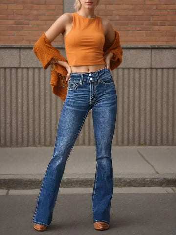 New Women's High Waisted Elastic Flared Jeans, Retro Washed Slim Fit Basic Jeans - American Thistle New Women's High Waisted Elastic Flared Jeans, Retro Washed Slim Fit Basic Jeans