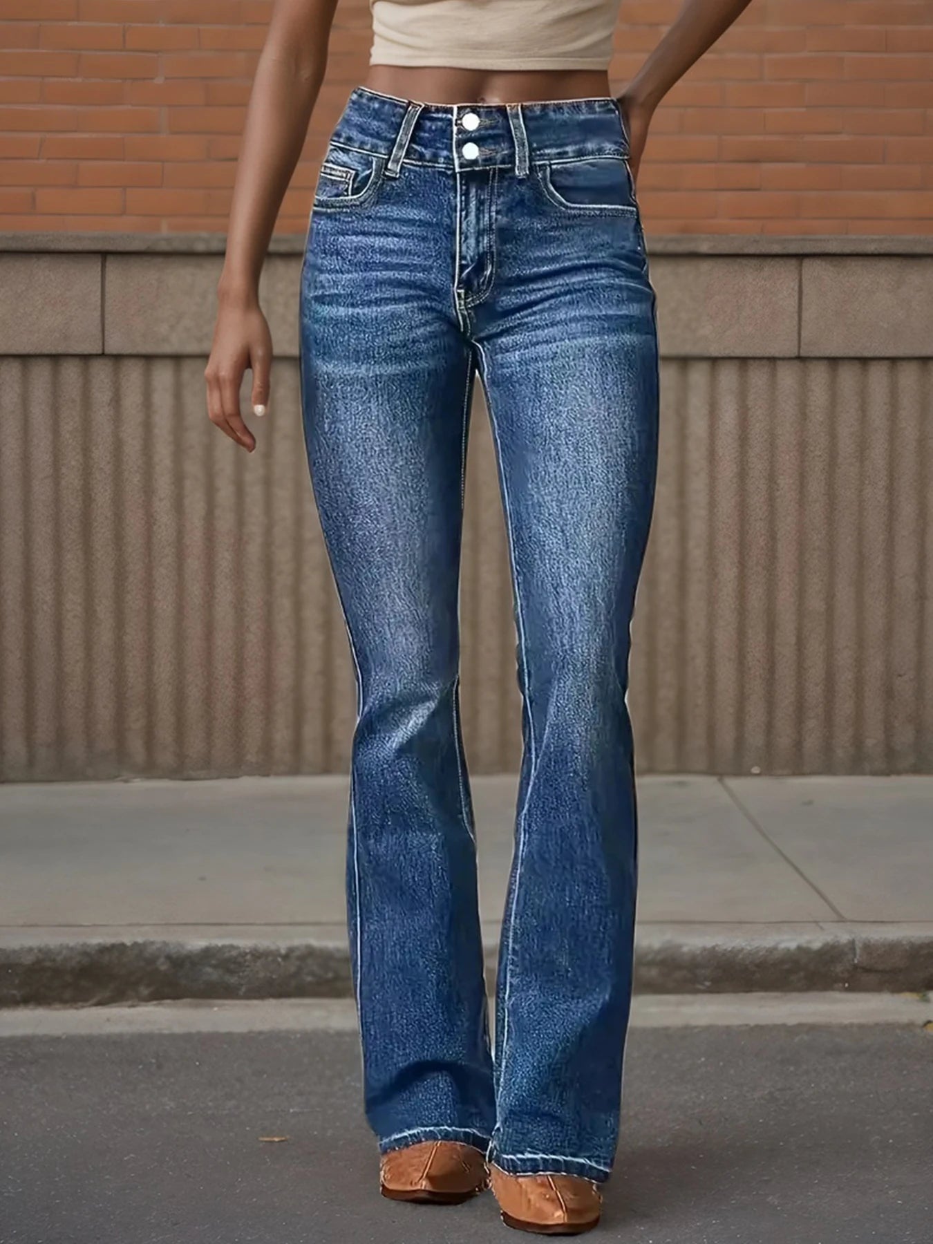 New Women's High Waisted Elastic Flared Jeans, Retro Washed Slim Fit Basic Jeans - American Thistle New Women's High Waisted Elastic Flared Jeans, Retro Washed Slim Fit Basic Jeans