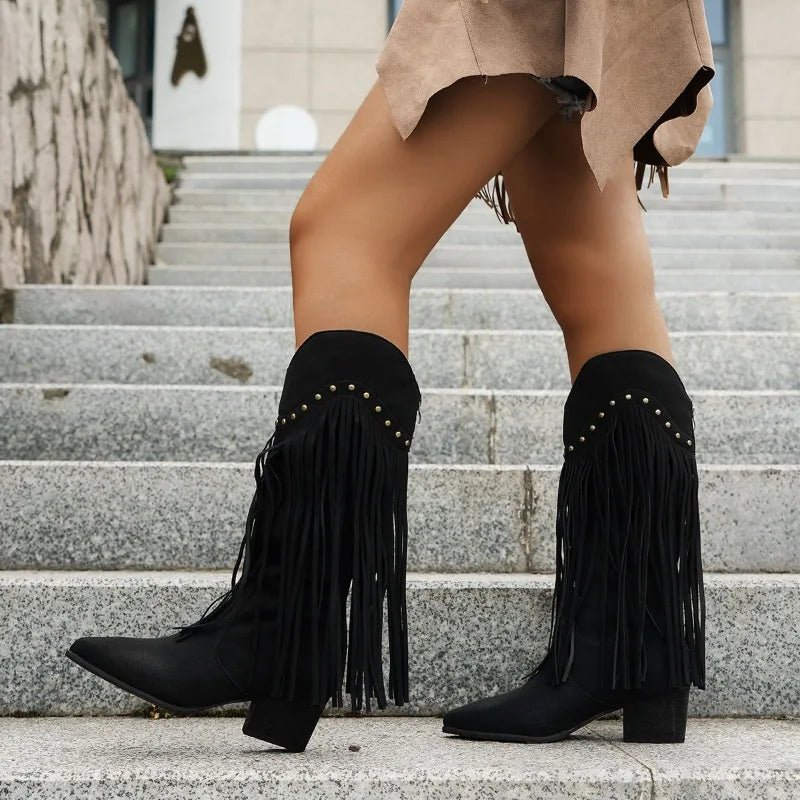 New Women's Vintage Fringe Boots Knee - High Low Chunky Heel Pointed Toe Winter Boots Female Western Cowboy Booties - American ThistleNew Women's Vintage Fringe Boots Knee - High Low Chunky Heel Pointed Toe Winter Boots Female Western Cowboy Booties