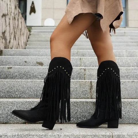New Women's Vintage Fringe Boots Knee - High Low Chunky Heel Pointed Toe Winter Boots Female Western Cowboy Booties - American ThistleNew Women's Vintage Fringe Boots Knee - High Low Chunky Heel Pointed Toe Winter Boots Female Western Cowboy Booties