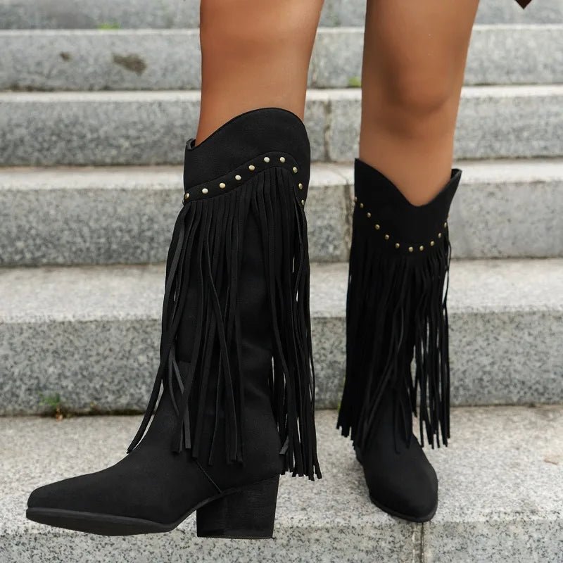 New Women's Vintage Fringe Boots Knee - High Low Chunky Heel Pointed Toe Winter Boots Female Western Cowboy Booties - American ThistleNew Women's Vintage Fringe Boots Knee - High Low Chunky Heel Pointed Toe Winter Boots Female Western Cowboy Booties