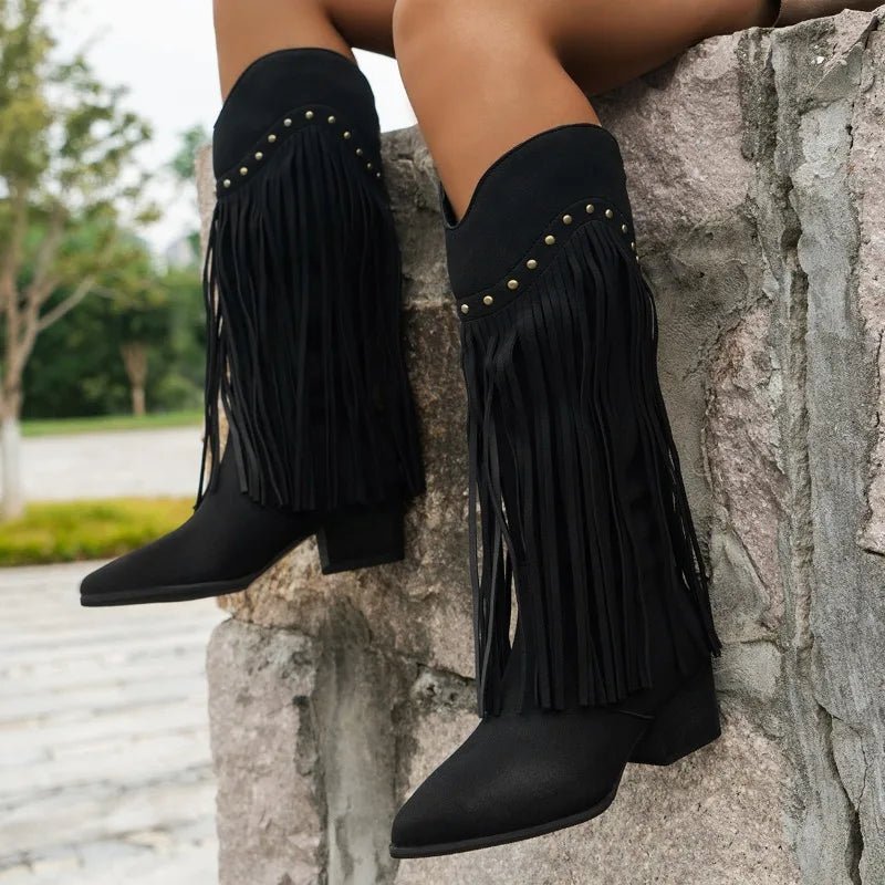 New Women's Vintage Fringe Boots Knee - High Low Chunky Heel Pointed Toe Winter Boots Female Western Cowboy Booties - American ThistleNew Women's Vintage Fringe Boots Knee - High Low Chunky Heel Pointed Toe Winter Boots Female Western Cowboy Booties