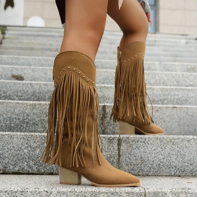 New Women's Vintage Fringe Boots Knee - High Low Chunky Heel Pointed Toe Winter Boots Female Western Cowboy Booties - American ThistleNew Women's Vintage Fringe Boots Knee - High Low Chunky Heel Pointed Toe Winter Boots Female Western Cowboy Booties