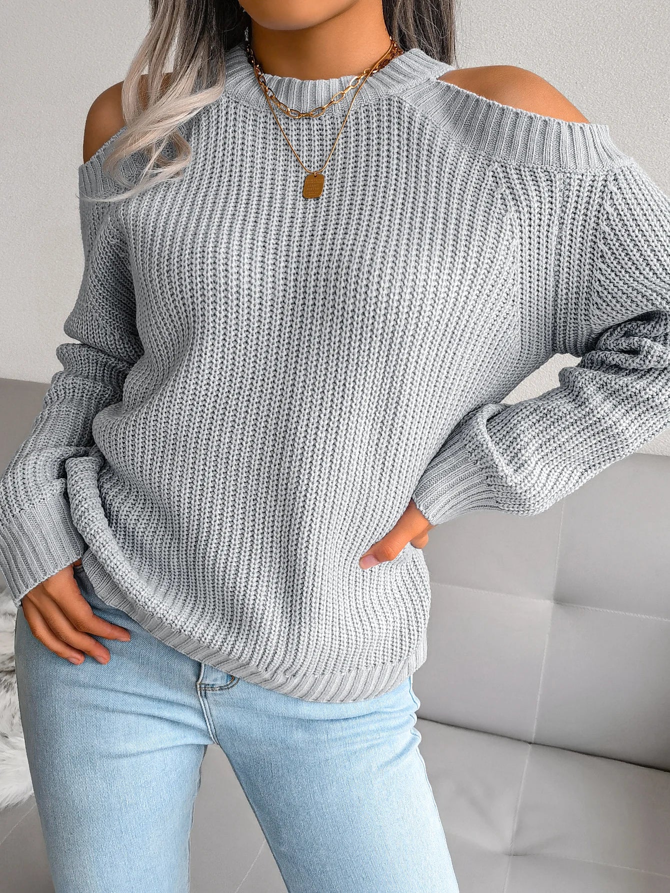 Off Shoulder Long Sleeve Knitted Pullover For Women Sweater Top Autumn Winter - American Thistle Off Shoulder Long Sleeve Knitted Pullover For Women Sweater Top Autumn Winter