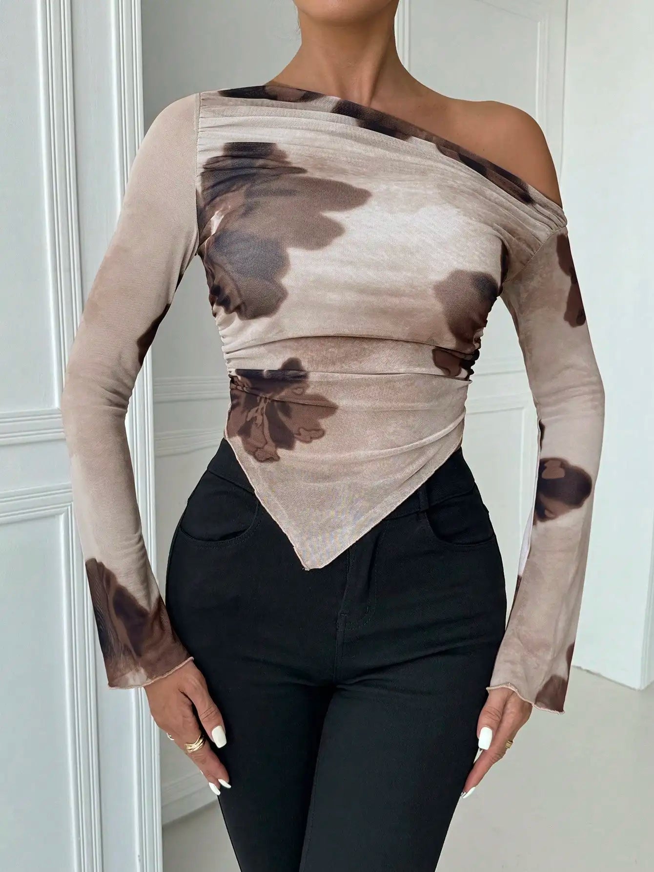 Off - the - shoulder Long Sleeve Mesh Floral V - Shape Blouse - American Thistle Off - the - shoulder Long Sleeve Mesh Floral V - Shape Blouse