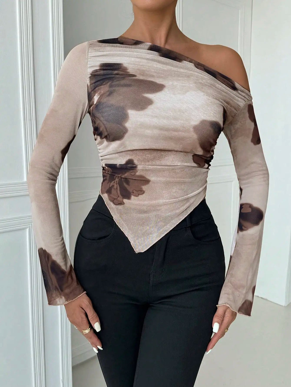 Off - the - shoulder Long Sleeve Mesh Floral V - Shape Blouse - American Thistle Off - the - shoulder Long Sleeve Mesh Floral V - Shape Blouse