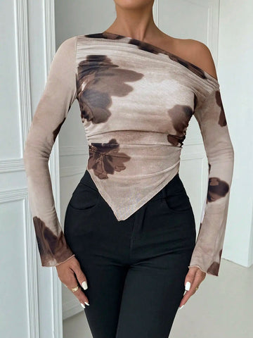 Off - the - shoulder Long Sleeve Mesh Floral V - Shape Blouse - American Thistle Off - the - shoulder Long Sleeve Mesh Floral V - Shape Blouse