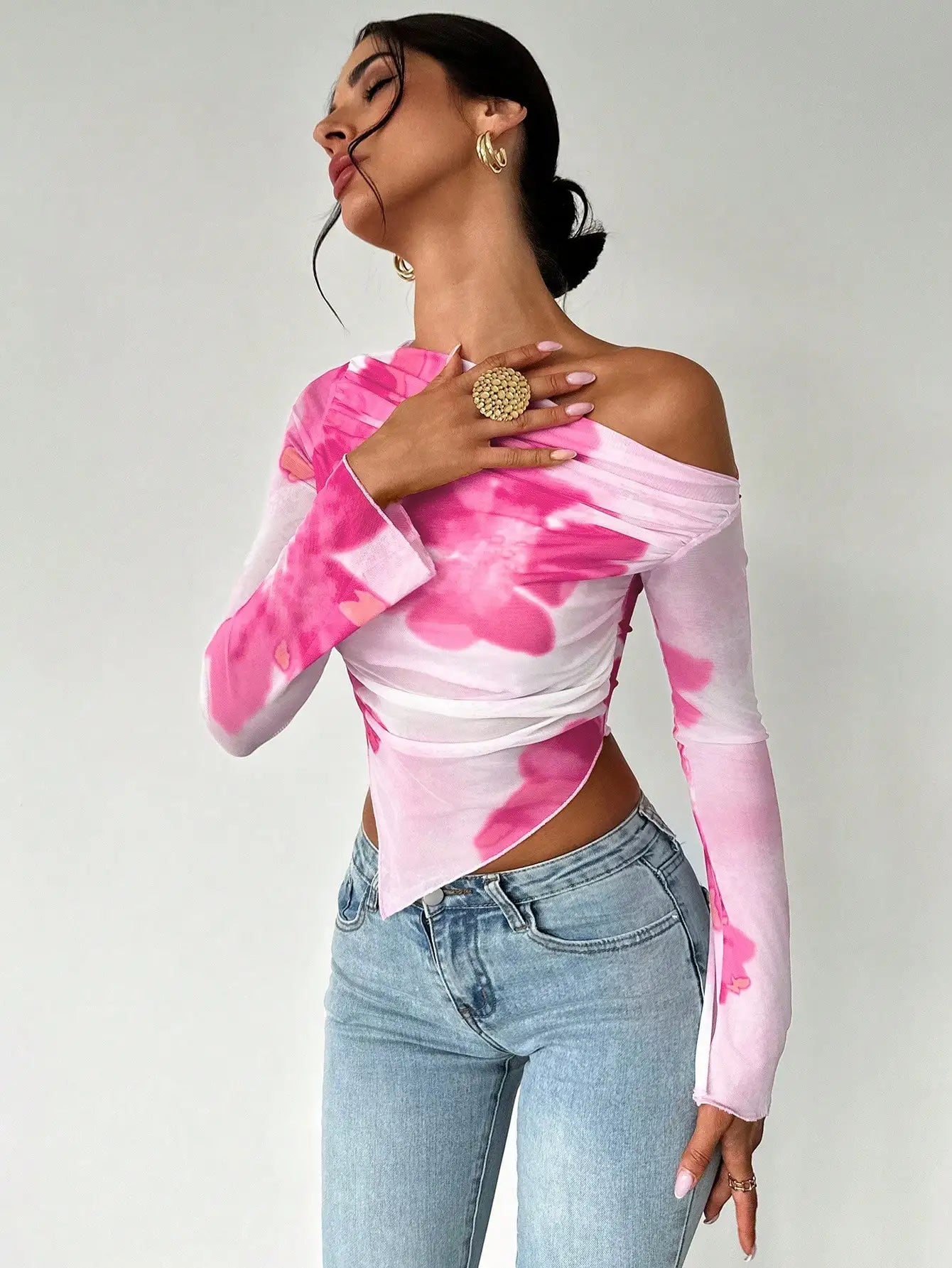 Off - the - shoulder Long Sleeve Mesh Floral V - Shape Blouse - American Thistle Off - the - shoulder Long Sleeve Mesh Floral V - Shape Blouse