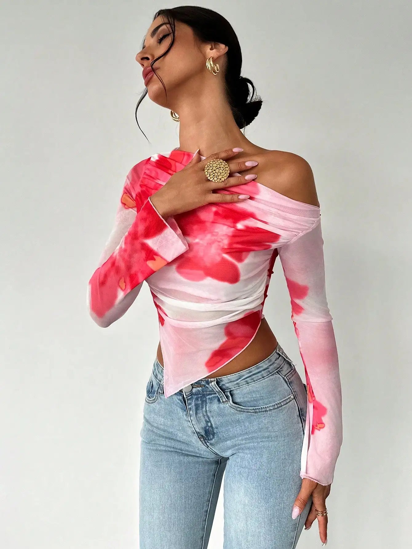 Off - the - shoulder Long Sleeve Mesh Floral V - Shape Blouse - American Thistle Off - the - shoulder Long Sleeve Mesh Floral V - Shape Blouse