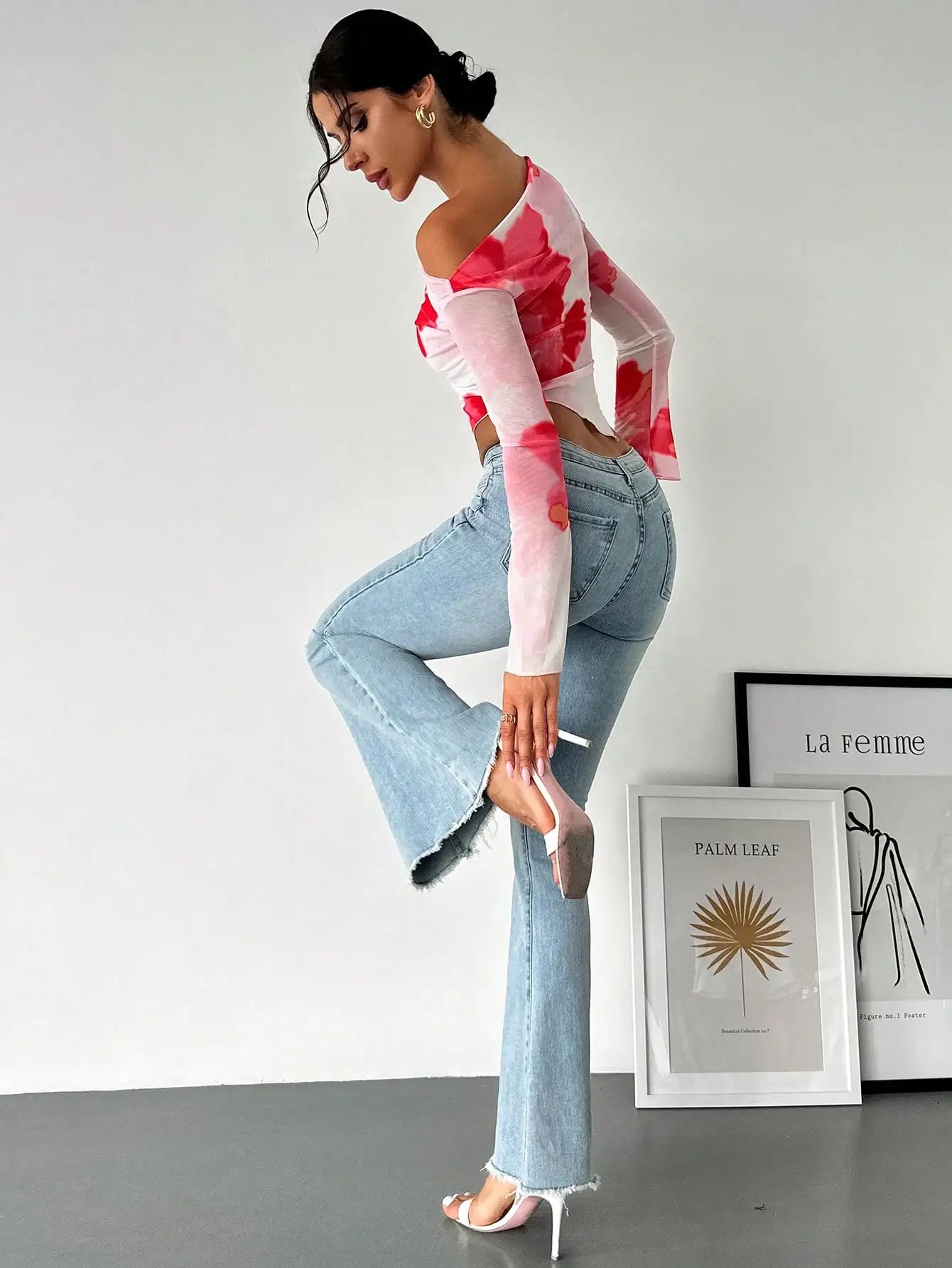 Off - the - shoulder Long Sleeve Mesh Floral V - Shape Blouse - American Thistle Off - the - shoulder Long Sleeve Mesh Floral V - Shape Blouse