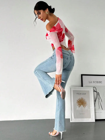 Off - the - shoulder Long Sleeve Mesh Floral V - Shape Blouse - American Thistle Off - the - shoulder Long Sleeve Mesh Floral V - Shape Blouse