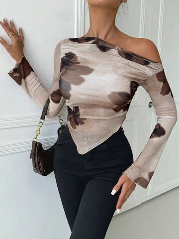 Off - the - shoulder Long Sleeve Mesh Floral V - Shape Blouse - American Thistle Off - the - shoulder Long Sleeve Mesh Floral V - Shape Blouse