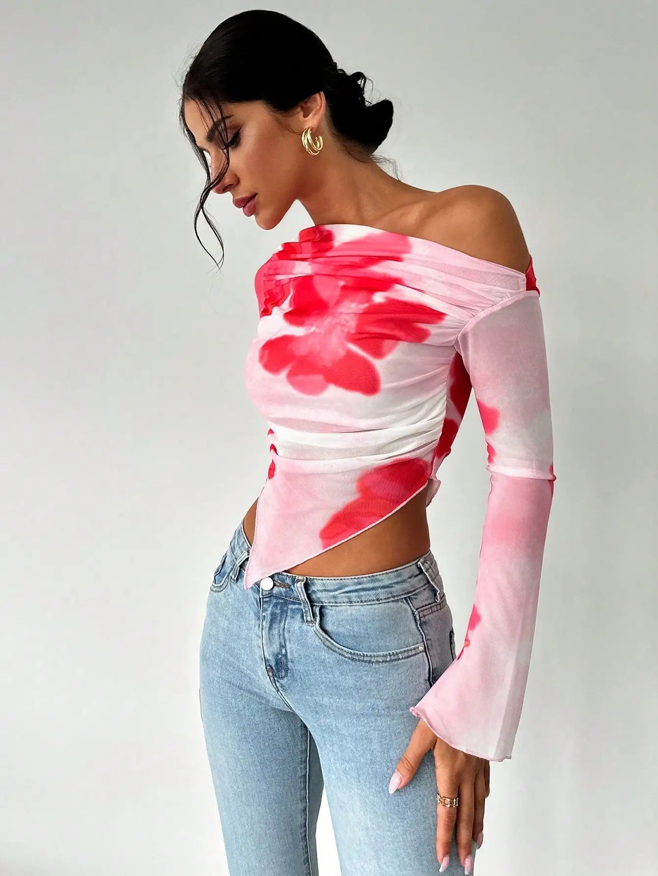 Off - the - shoulder Long Sleeve Mesh Floral V - Shape Blouse - American Thistle Off - the - shoulder Long Sleeve Mesh Floral V - Shape Blouse