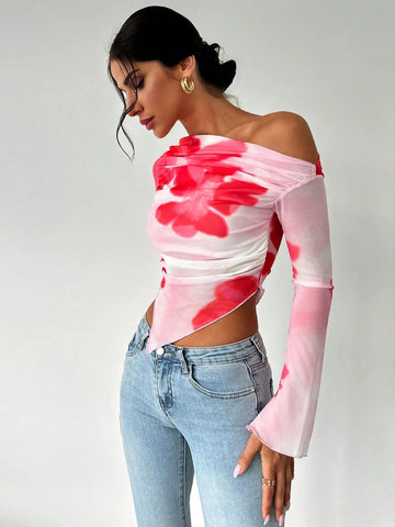 Off - the - shoulder Long Sleeve Mesh Floral V - Shape Blouse - American Thistle Off - the - shoulder Long Sleeve Mesh Floral V - Shape Blouse