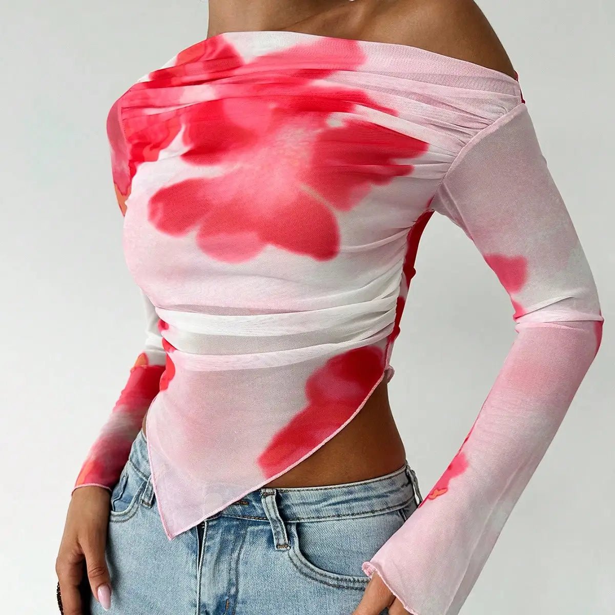 Off - the - shoulder Long Sleeve Mesh Floral V - Shape Blouse - American Thistle Off - the - shoulder Long Sleeve Mesh Floral V - Shape Blouse