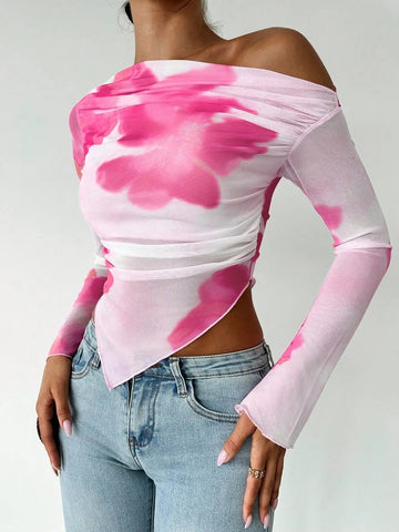 Off - the - shoulder Long Sleeve Mesh Floral V - Shape Blouse - American Thistle Off - the - shoulder Long Sleeve Mesh Floral V - Shape Blouse