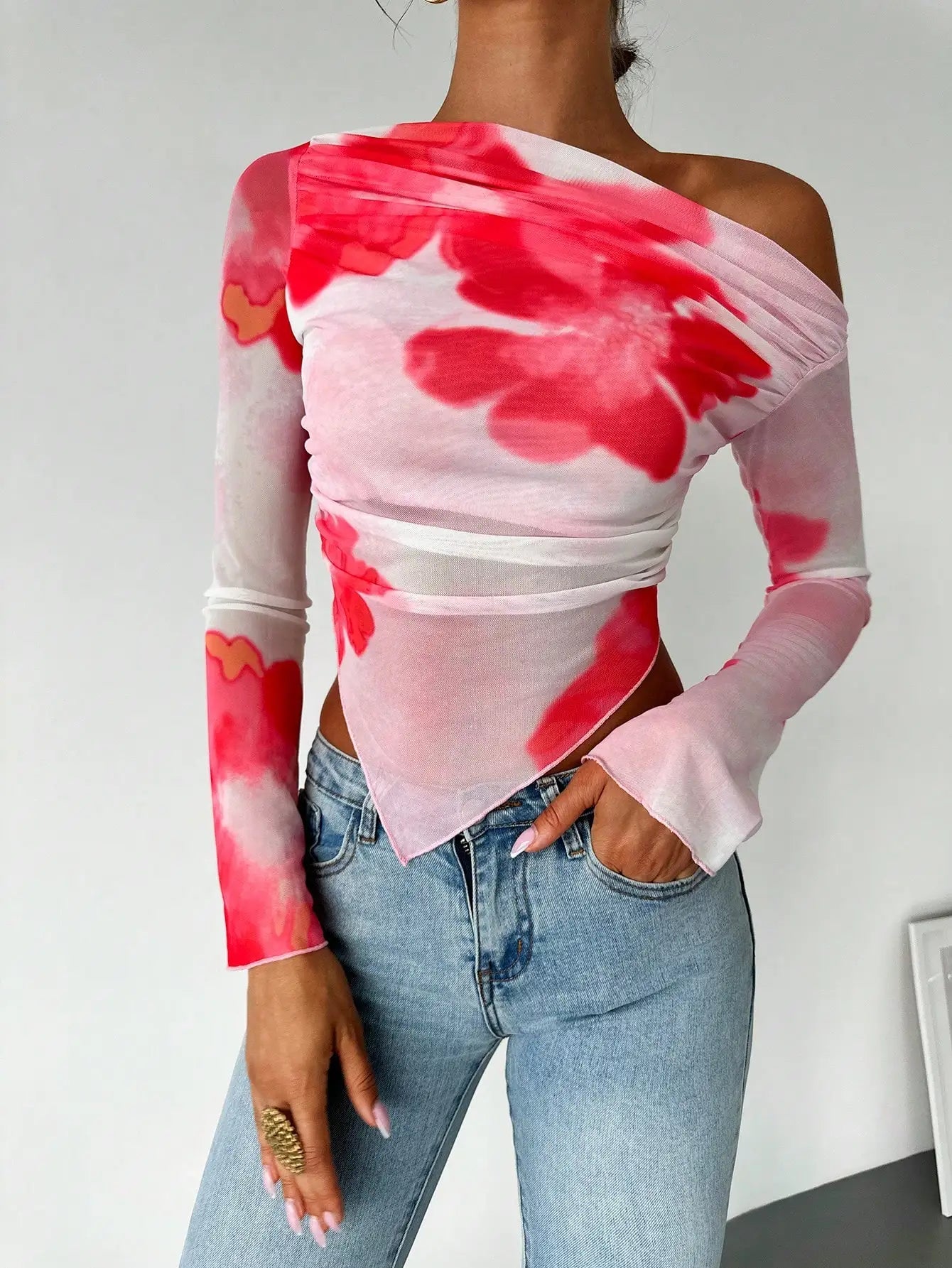 Off - the - shoulder Long Sleeve Mesh Floral V - Shape Blouse - American Thistle Off - the - shoulder Long Sleeve Mesh Floral V - Shape Blouse
