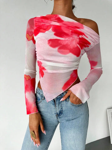 Off - the - shoulder Long Sleeve Mesh Floral V - Shape Blouse - American Thistle Off - the - shoulder Long Sleeve Mesh Floral V - Shape Blouse
